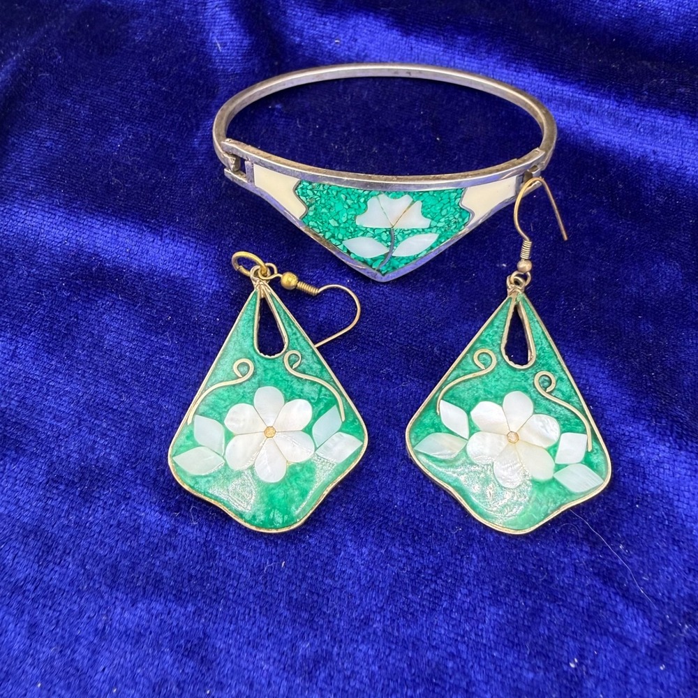 Vintage Alpaca Mexico Bracelet Pierced Earrings Set Green Flower
